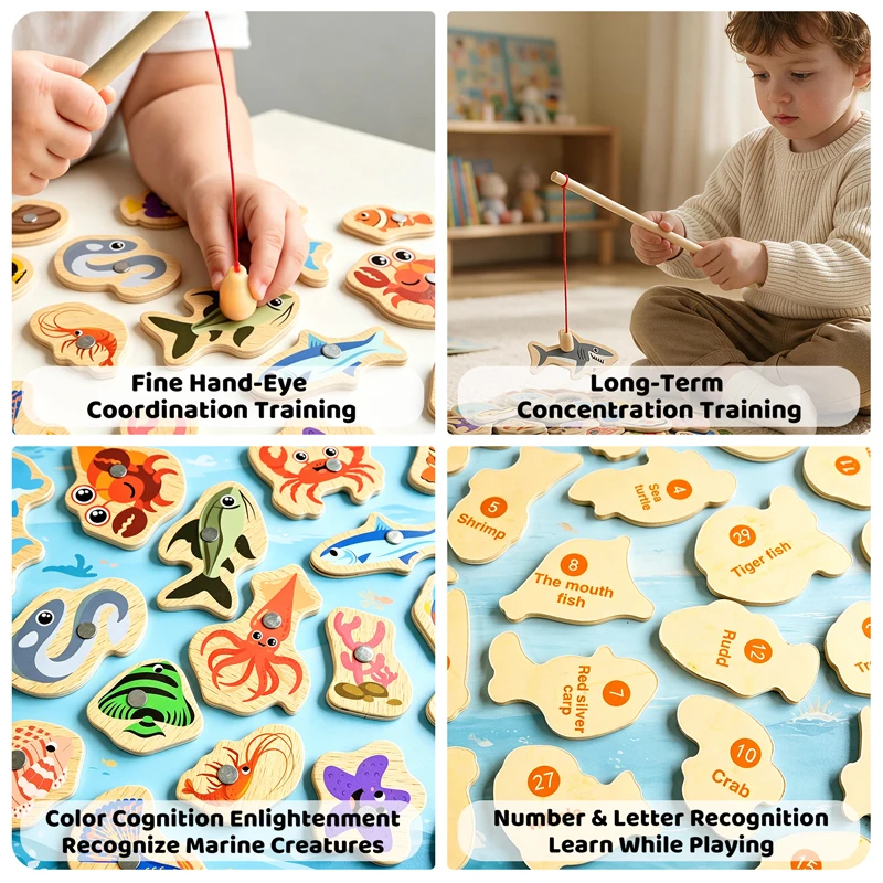New Wooden Magnetic Fishing Game Early Education Toy Number Color Cognition Fine Motor Skills Training Interactive Game Gift image 2