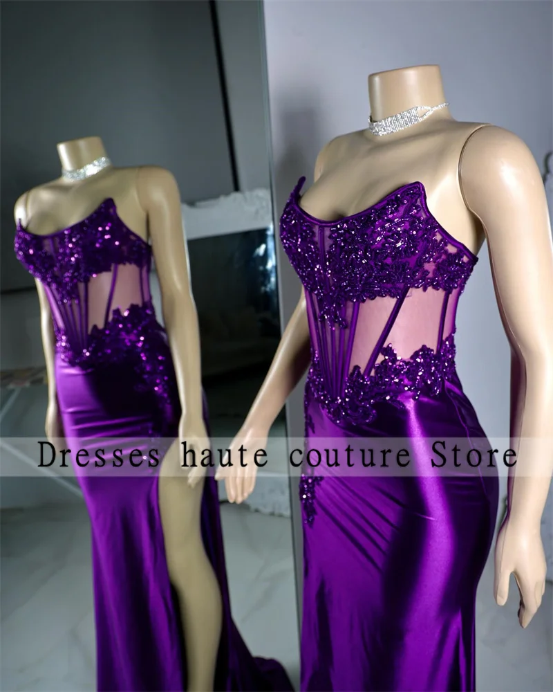 Purple Lace Appliques Mermiad Long Prom Dresses For Black Girl 2025 Crystals Side Slit Customized Birthday Party Gowns