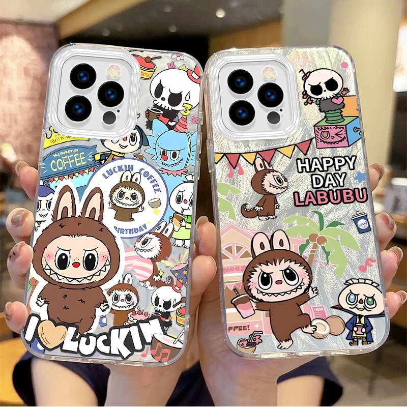 Fun Cute L-Labubu Kawaii Cartoon Phone Case for iPhone 16 15 14 13 12 11 8 7 6 Pro Max Plus XS XR Feather Yarn Shockproof Covers