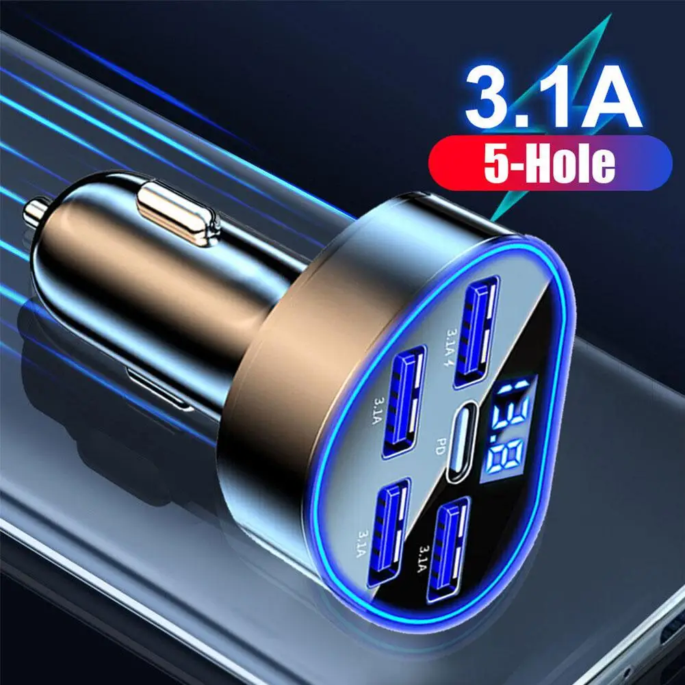 5 Port PD QC3.0 USB Fast Charging Car Charger Type C Car Adapter Socket Cigarette Lighter 12-24 V Various Models