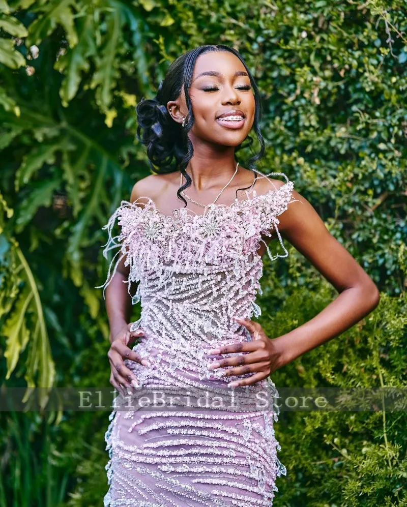 Designer Mermaid Prom Dresses For Black Girls 2026 Strapless Sequin Beading Party Dress African Women Evening Gowns Customized