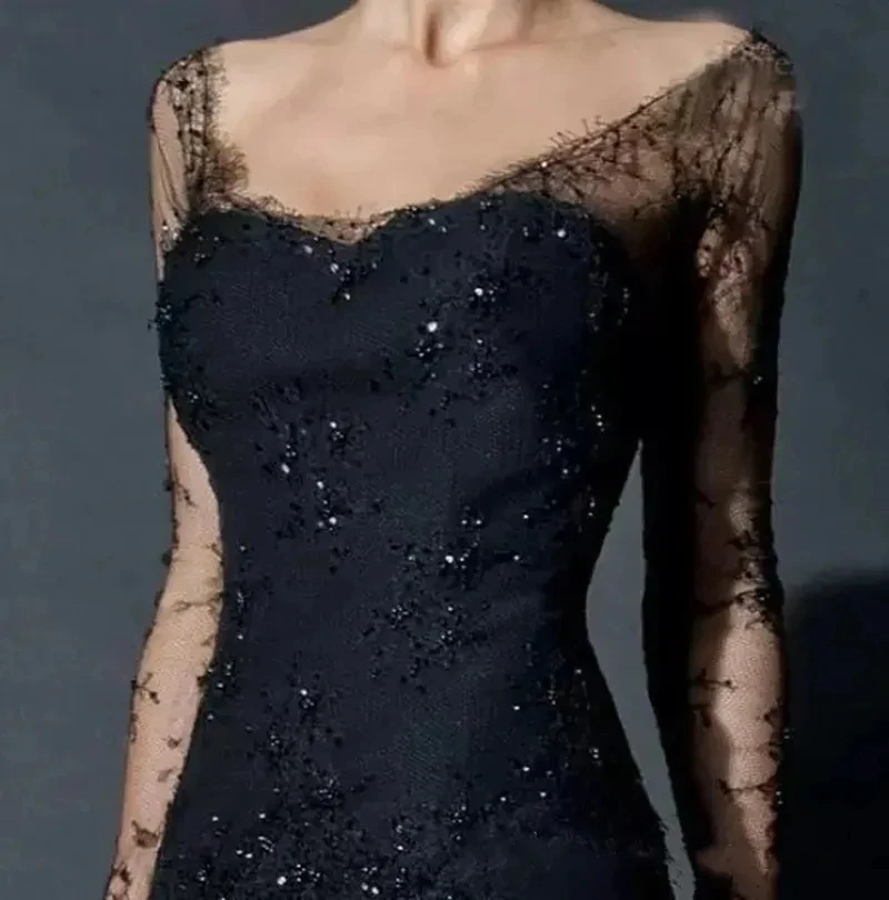 Vestido de noche negro Sexy de sirena de lujo 2024, manga larga de ilusión, cuello barco con cuentas, vestido largo de fiesta formal de baile para mujer