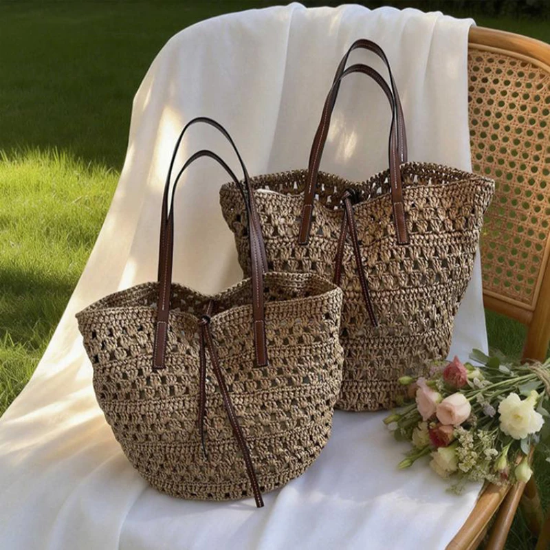 

Branded Handmade Straw Woven Openwork Bag Classic Solid Color Large Capacity Shoulder/handbag French Casual Vacation Beach Bag