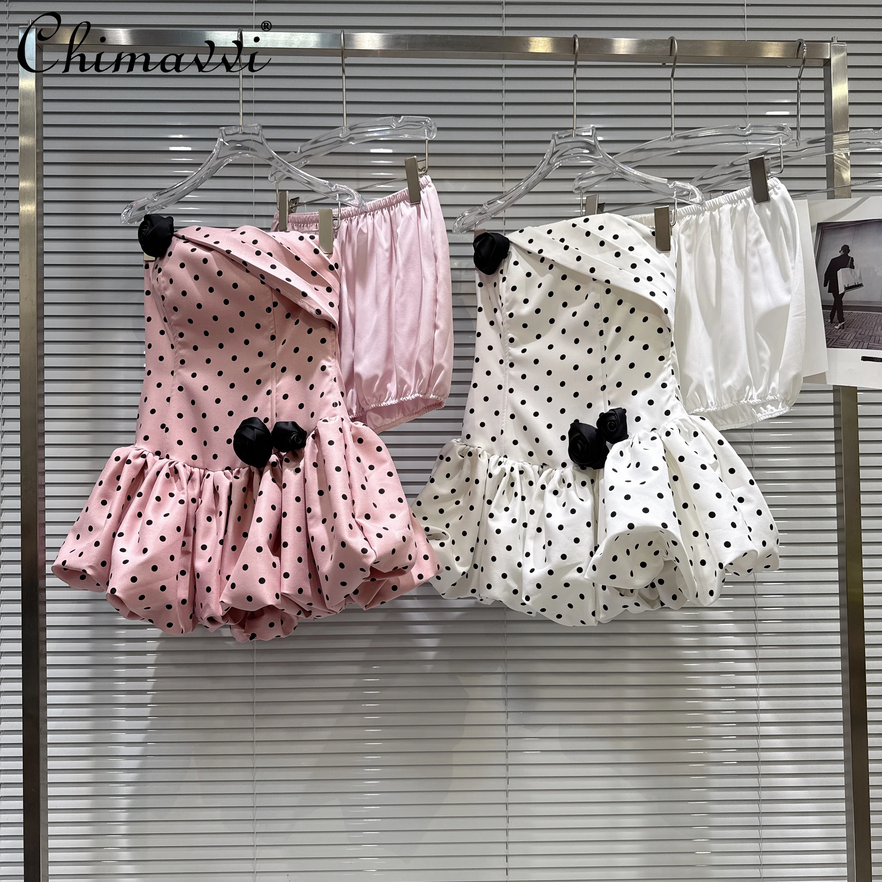 

French Elegant Sweet Socialite Princess Birthday Party Dresses Shorts Set 3D Flower High Waist Dot Puffy Short Dress for Women