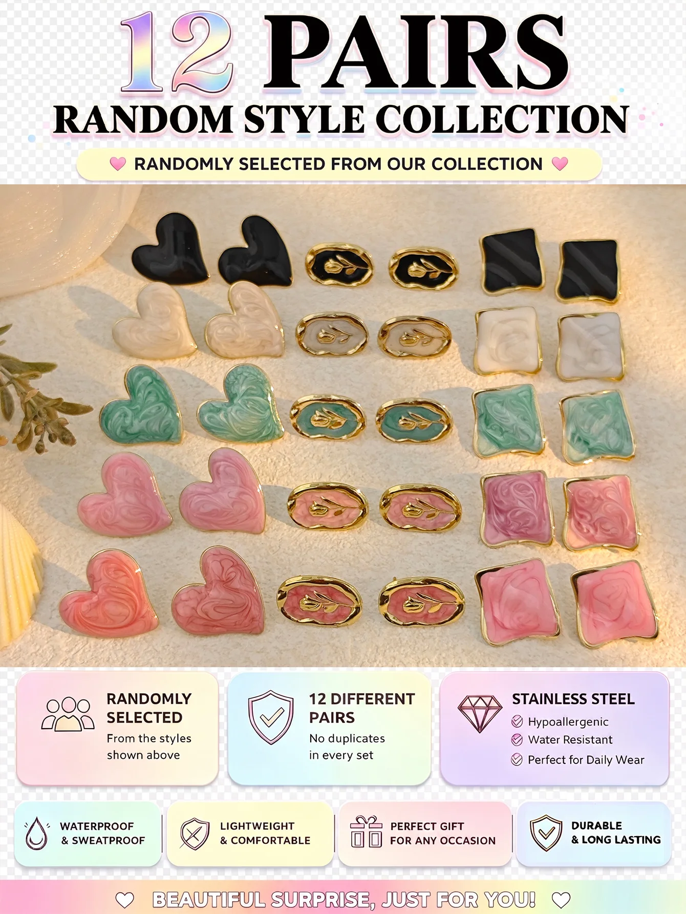 12 Pairs Random Style Stud Hoop Earrings Set for Women, Colorful Variety Jewelry Collection, Gentle Stainless Steel Gift for Her