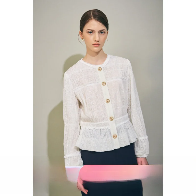 

Thin Lace Long Sve irt Pleated Ruffle Collar Fabric iny Women's Premium Faion Spring Collection 25-29 Years Old