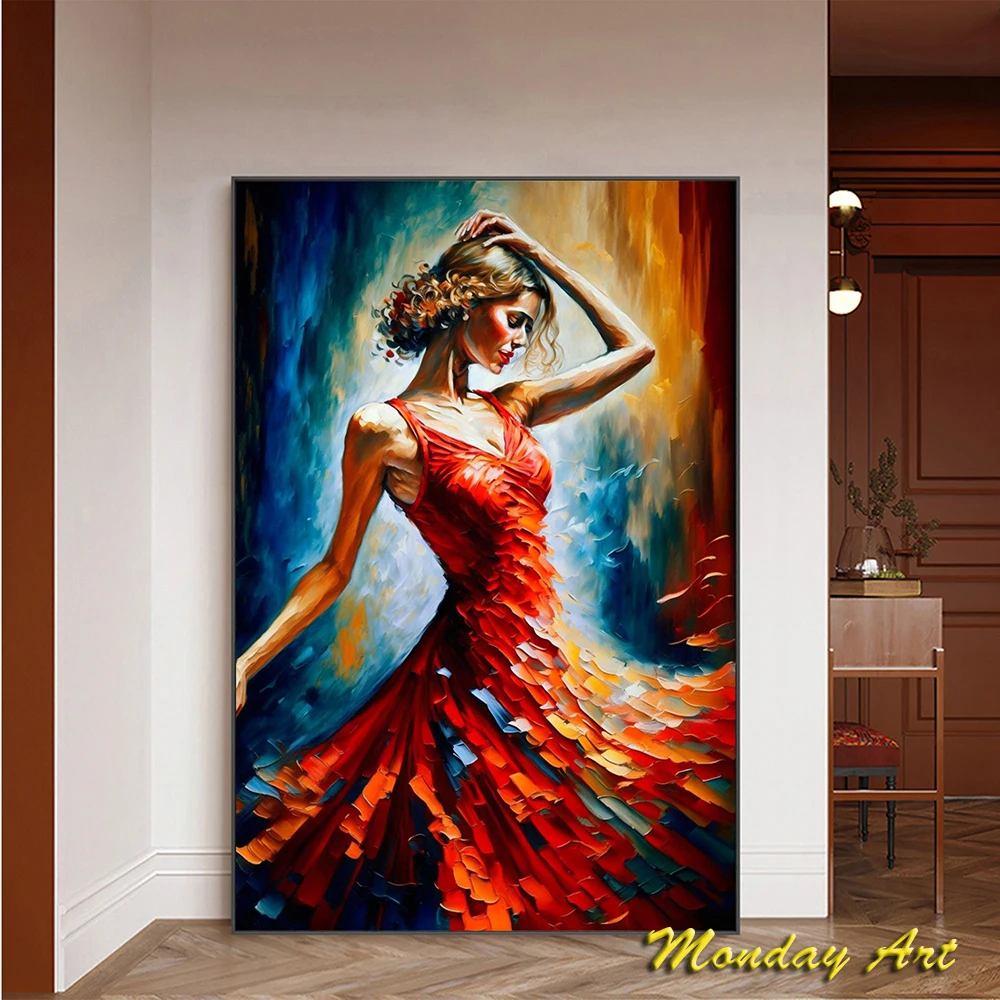 Hand Painted Oil Painting Beautiful Girl Oil Painting Abstract Red Texture Wall Art Custom Painting Minimalist Bedroom Decor