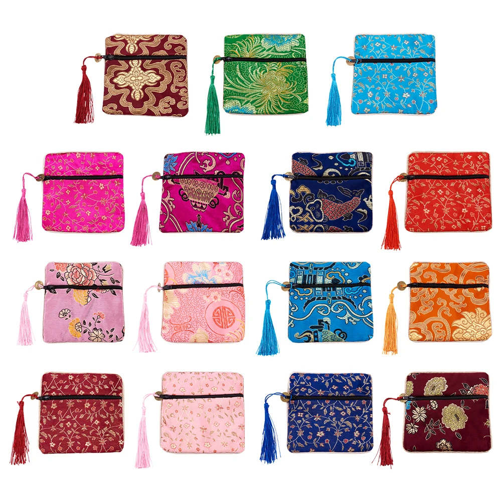 20pcs Chinese Brocade Tassel Zipper Jewelry Bag Gift Pouch Square with Flower Pattern for Gift Packaging Shopping Storage Pouche