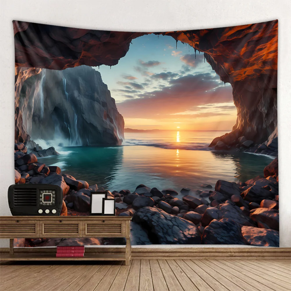 

Wall tapestry with sunrise and sunset views by the seaside, Bohemian hippie dormitory, room decoration, living room background