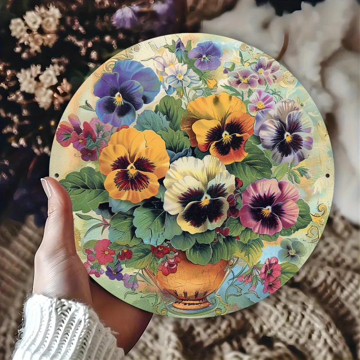 2D Flat, Round Vintage Pansy Flower Wall Art - Metal Botanical Decor with Pewter Finish Suitable for Indoor/Outdoor Use, Suitabl