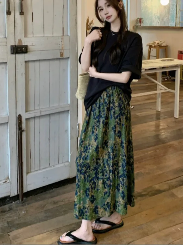 Długa spódnica damska w kwiaty, w stylu vintage, z wysokim stanem, w kształcie litery A, nowa kolekcja wiosenna, koreański styl, do pracy, spódnica w kwiaty.