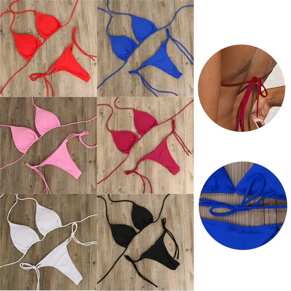 

Woman Adjustable Sexy Backless G-string Thong Side Tie Bikini Set Brazlian Swimwear Swimsuit Bathing Suit