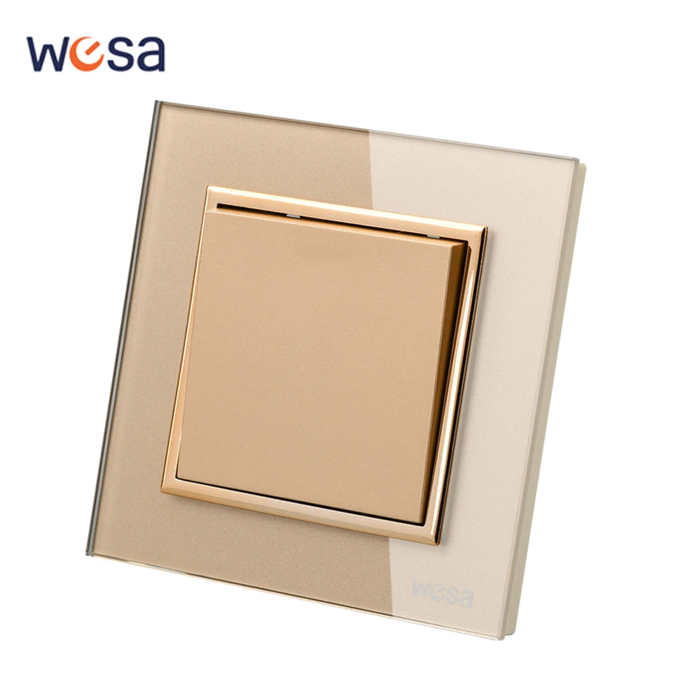 

WESA Luxury Crystal Tempered Glass Panel Gold Wall Switch Flame retardant 1 Gang 1 Way Wall Rocker Switch On / Off 16A AC 250V