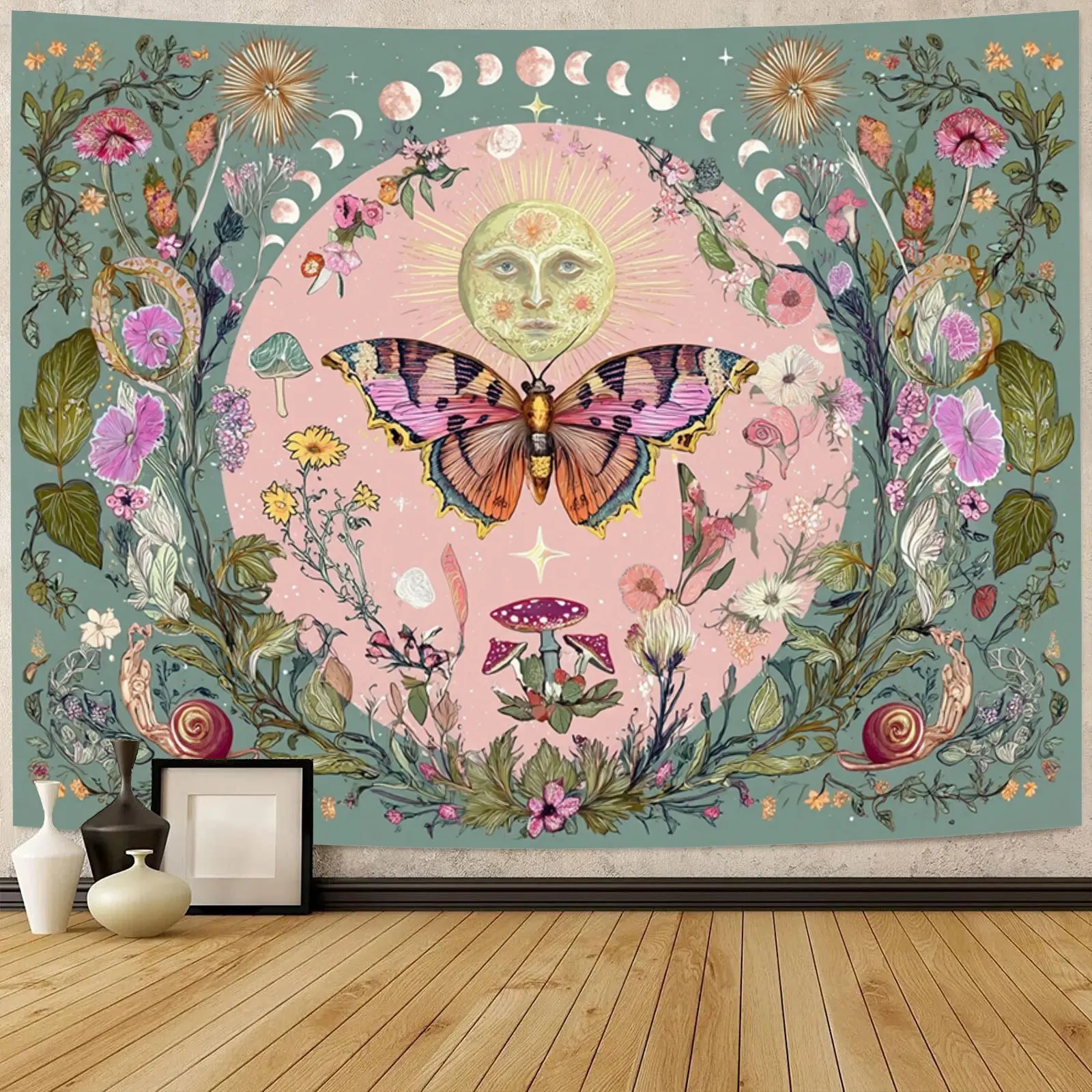 Sun‑and‑moon tapestry, vintage bohemian wall hanging featuring butterflies dancing among flowers and moon, fantasy natural‑scene wall tapestry for bedroom decor, indoor wall hanging, soft brushed fabric, horizontal orientation