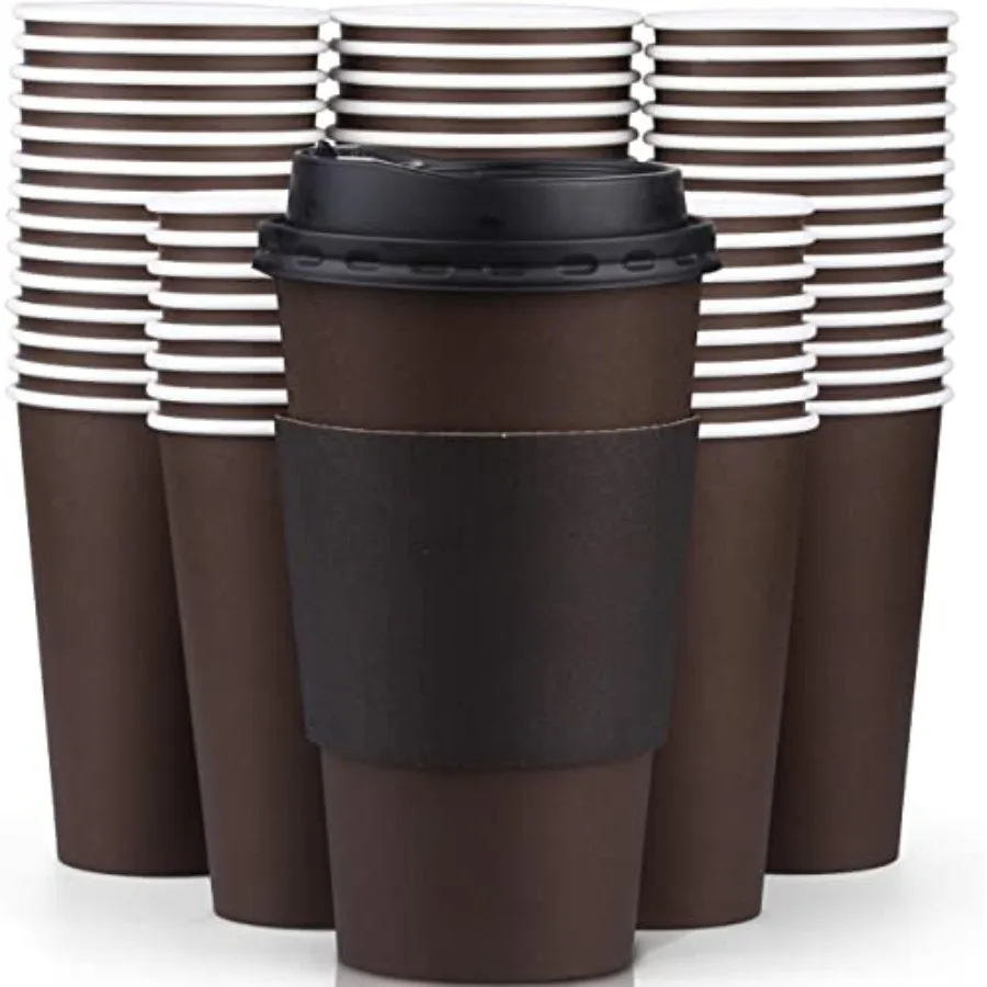 

Одноразовые бумажные стаканы для кофе коричневого цвета, 16 унций, с крышками и держателями, премиум-класса, 100 штук в упаковке