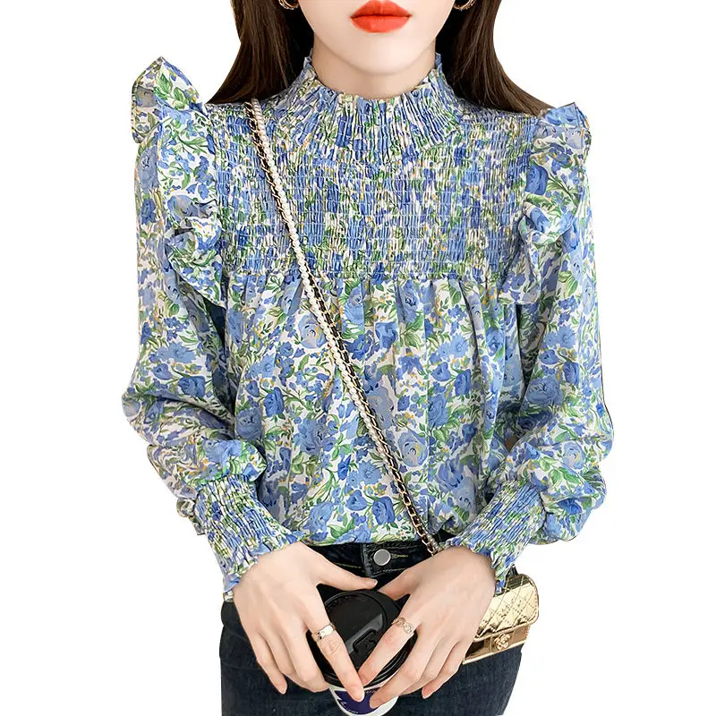 Elegant Fashion Harajuku Slim Fit Blouse Stand Collar Patchwork Printed Long Sleeve Tops Women Casual All Match Female Clothes