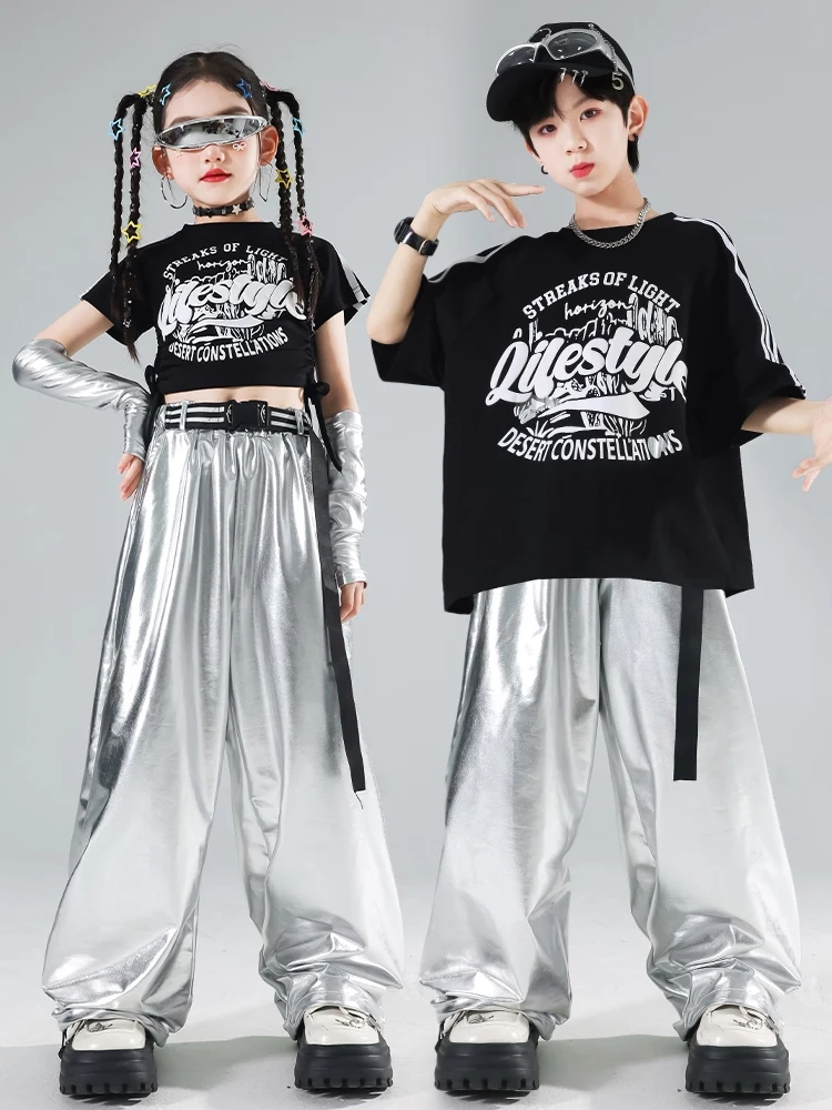 Kids Street Dance Stage Outfit Boys Hip Hop K-Pop Jazz Dance Wear Runway Show Performance Costume Silvery Loose Pants New Amy488