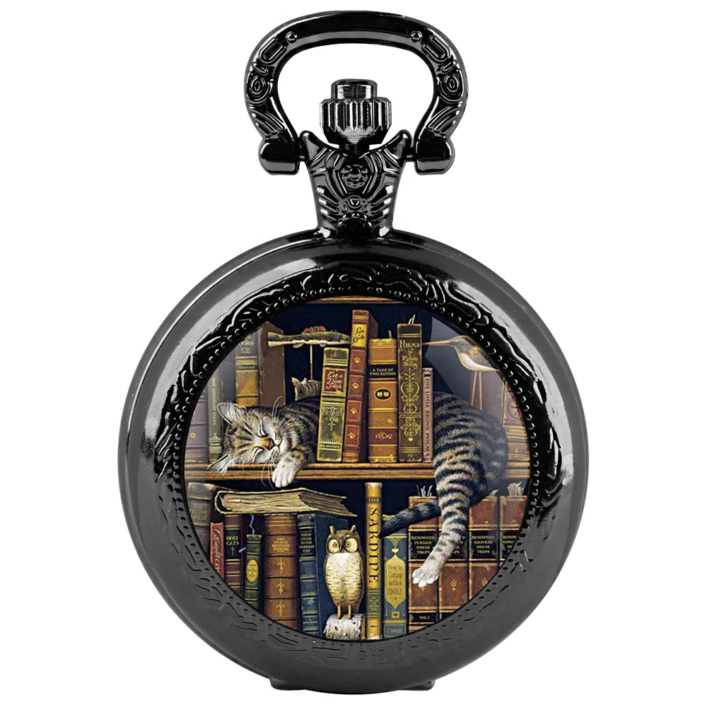 Exquisite Gift Cat Book Design Glass Dome Quartz Pocket Watch with Rugged Chain Men Women Kids Unique Gift