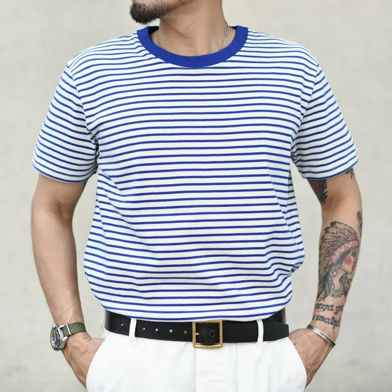 Sauce Zhan Breton Top Stripe T Shirt for Man Heavy Cotton  O-NECK vintage  Summer Short Sleeve Breton Shirt  330 G