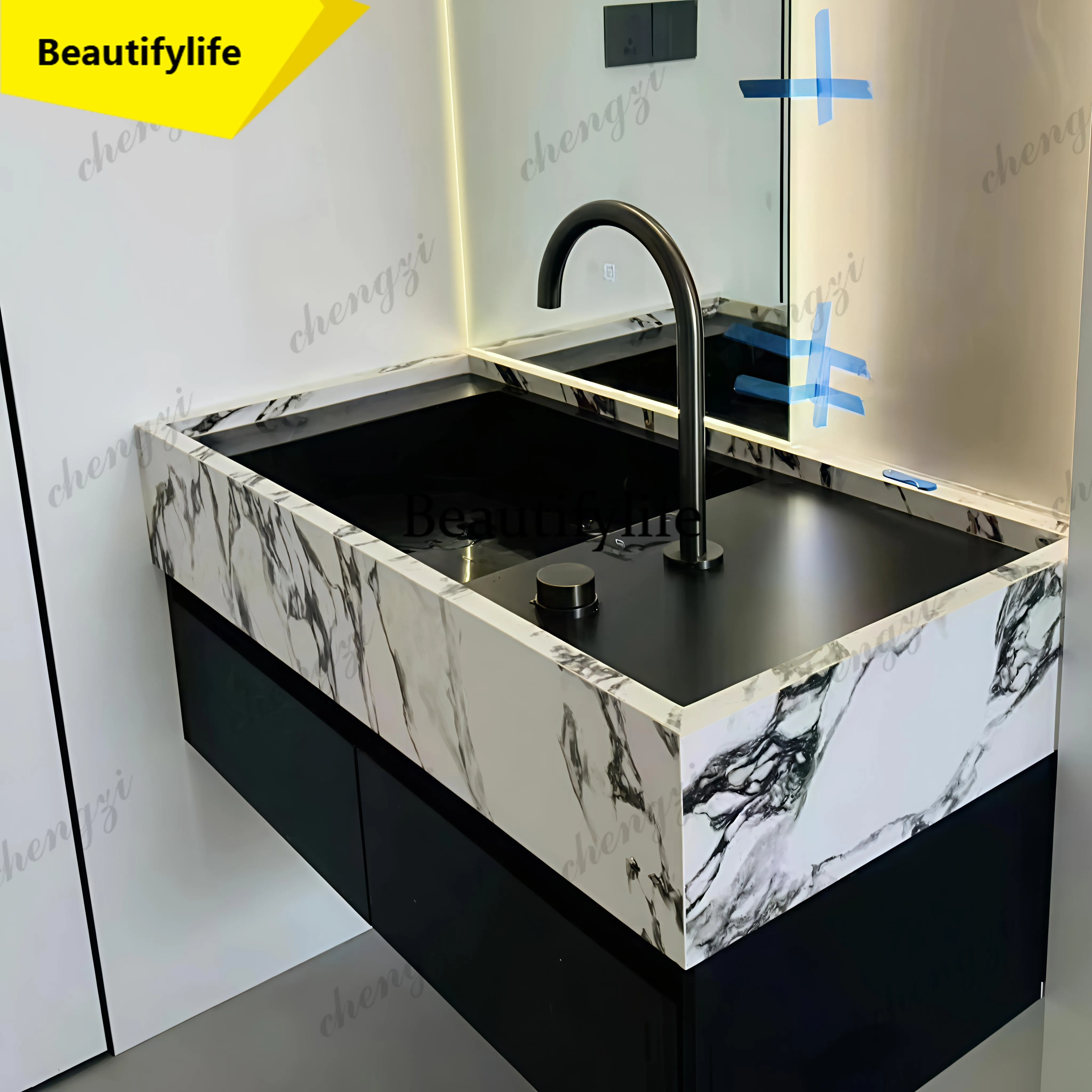 Black rock slab seamless integrated basin light luxury bathroom cabinet combination bathroom narrow side sink