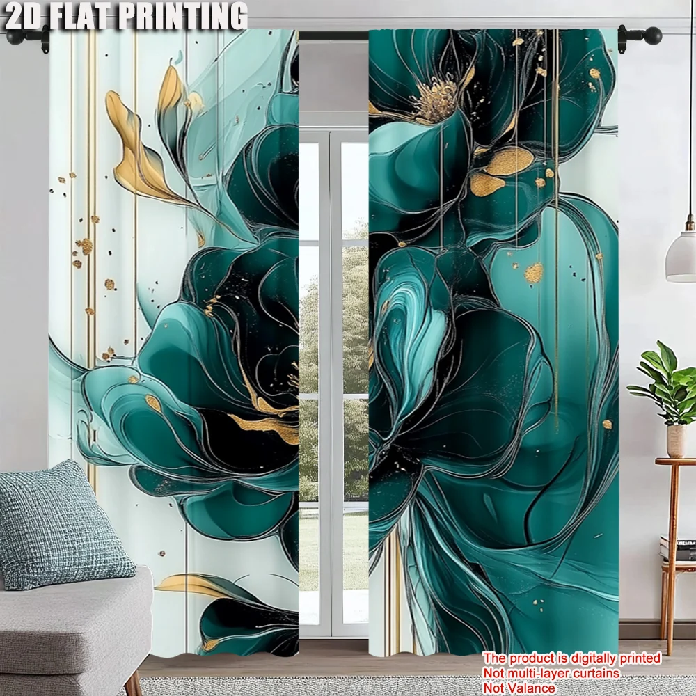 

2Pcs Contemporary Emerald Green Marble Print Window Curtain Abstract Floral Modern Aesthetics For Various Rooms