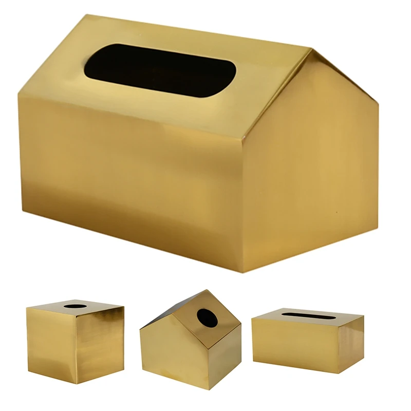 1Pc Metal Tissue Box Square Golden Rectangle House Geometry Desktop Storage Organization Living Room Modern Home Decor