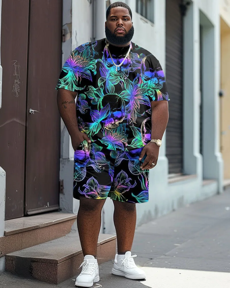 L-9XL Large Size Summer Suit - Skull Print Round Neck Short Sleeve & Shorts Set Fashionable Versatile  Essential for Daily ZOOY