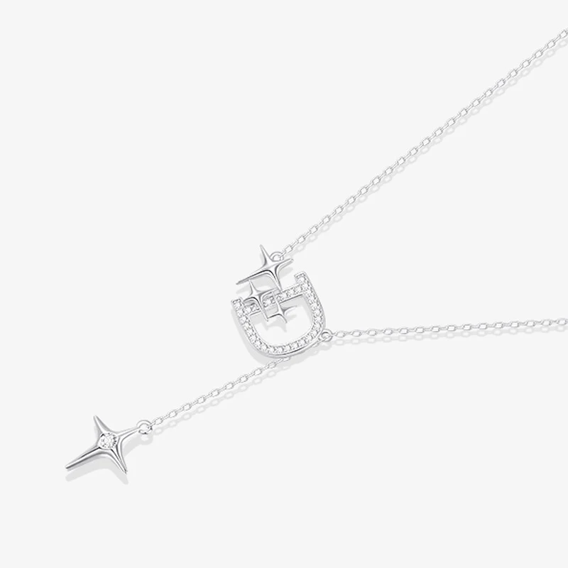 KOFSAC Shiny Four Pointed Star Tassel Necklace For Women Fashion 925 Sterling Silver Jewelry Letter D Clavicular Chain