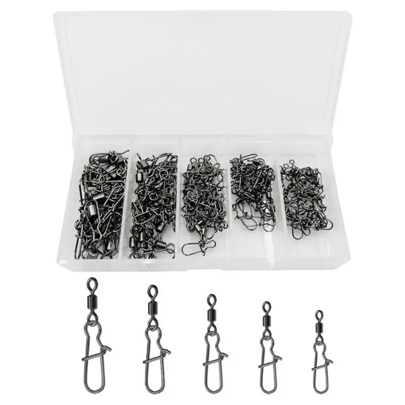 

R6FE Fishing Swivels and Clip, Stainless Steel Barrels Fishing Swivels with Safety Snaps, Connector Clips Solid Rings Swivels