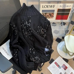 European Station Winter Clothes Fashion Loose Long-Sleeved Stitching Pullover Knitted Top Streetwear Sequined Design Sweater