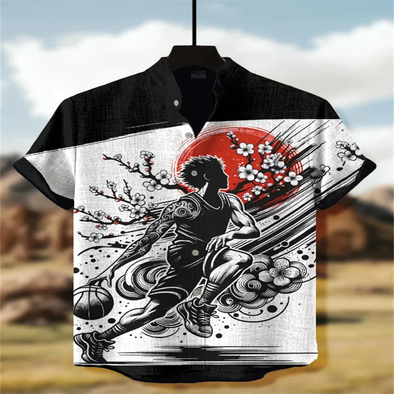 Summer casual men's retro print art shirt, short sleeve, stand collar, designer social wear, plus size 5XL