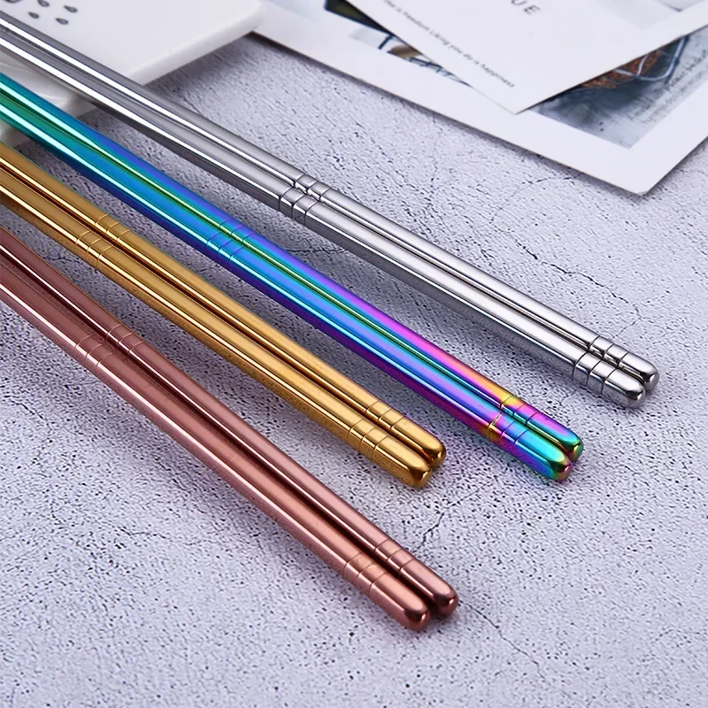 Rose Gold Korean 304 Stainless Steel Six Ring Color Chopsticks Round Square Set Hollow Chopsticks