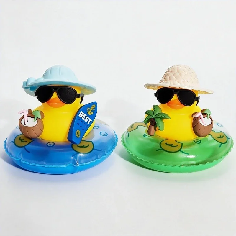 1Set Cute Squeeze Rubber Duck Dashboard Ornament Yellow Duck with Coconut Hat Skateboard Car Decor
