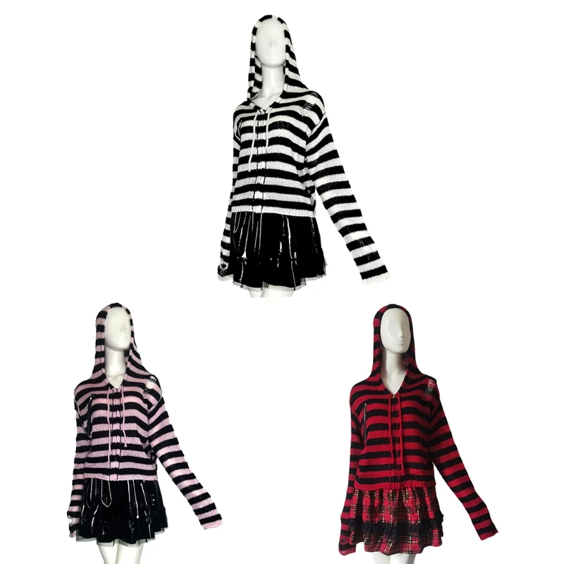 

Women Long Sleeve Up Hoodies Sweater Gothic Punk Striped Knit Cardigan for Jacket Ripped Hole Loose Short Knitwear P8DB