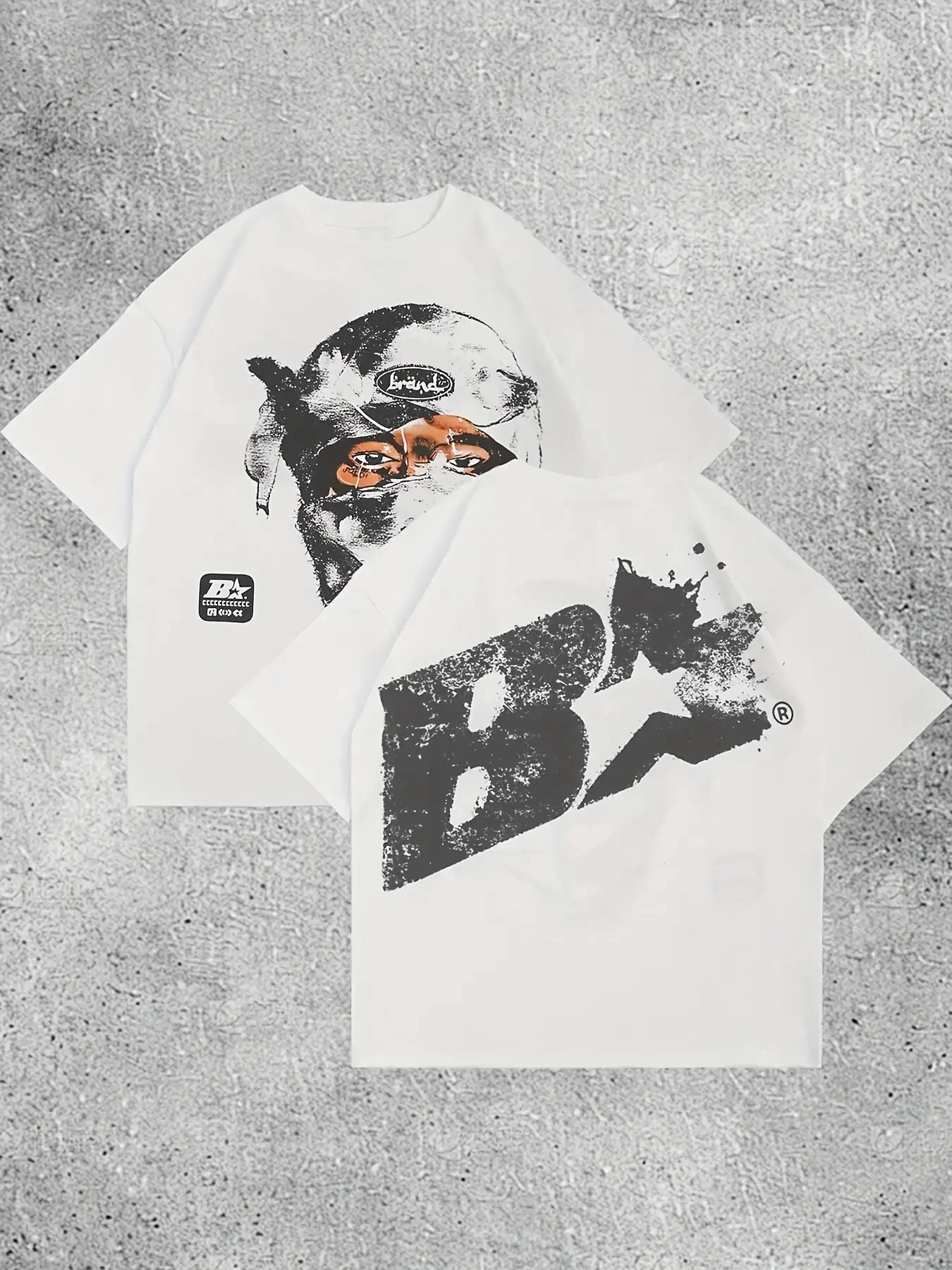 Retro Masked Portrait Letter Print Round Neck Short Sleeve Casual K-Street Fashion T-Shirt