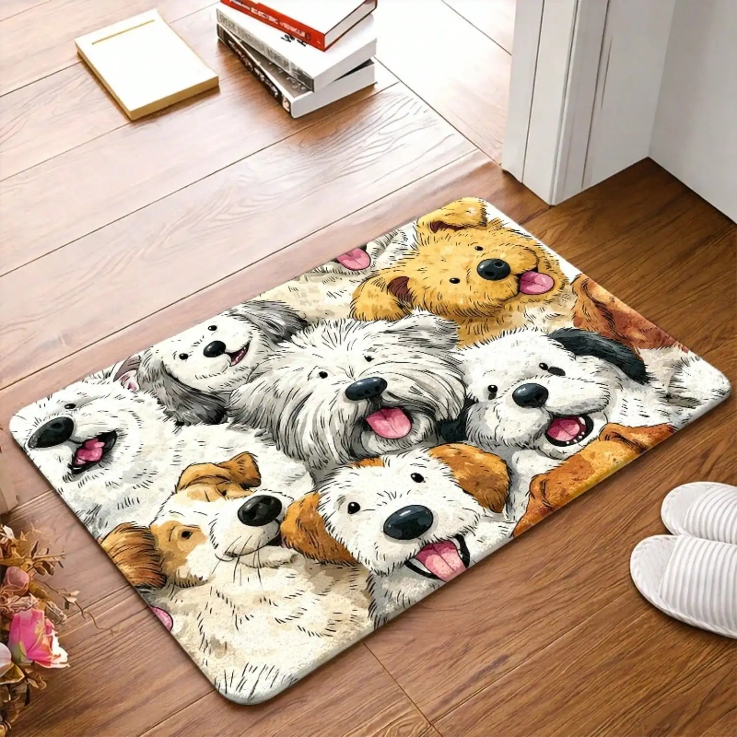 1pc, Cute Dog Flannel Doormat, Non - Slip Rubber Bottom, Durable & Stain - Resistant, Machine Washable, Universal For Living Room, Bedroom, Office, Bathroom