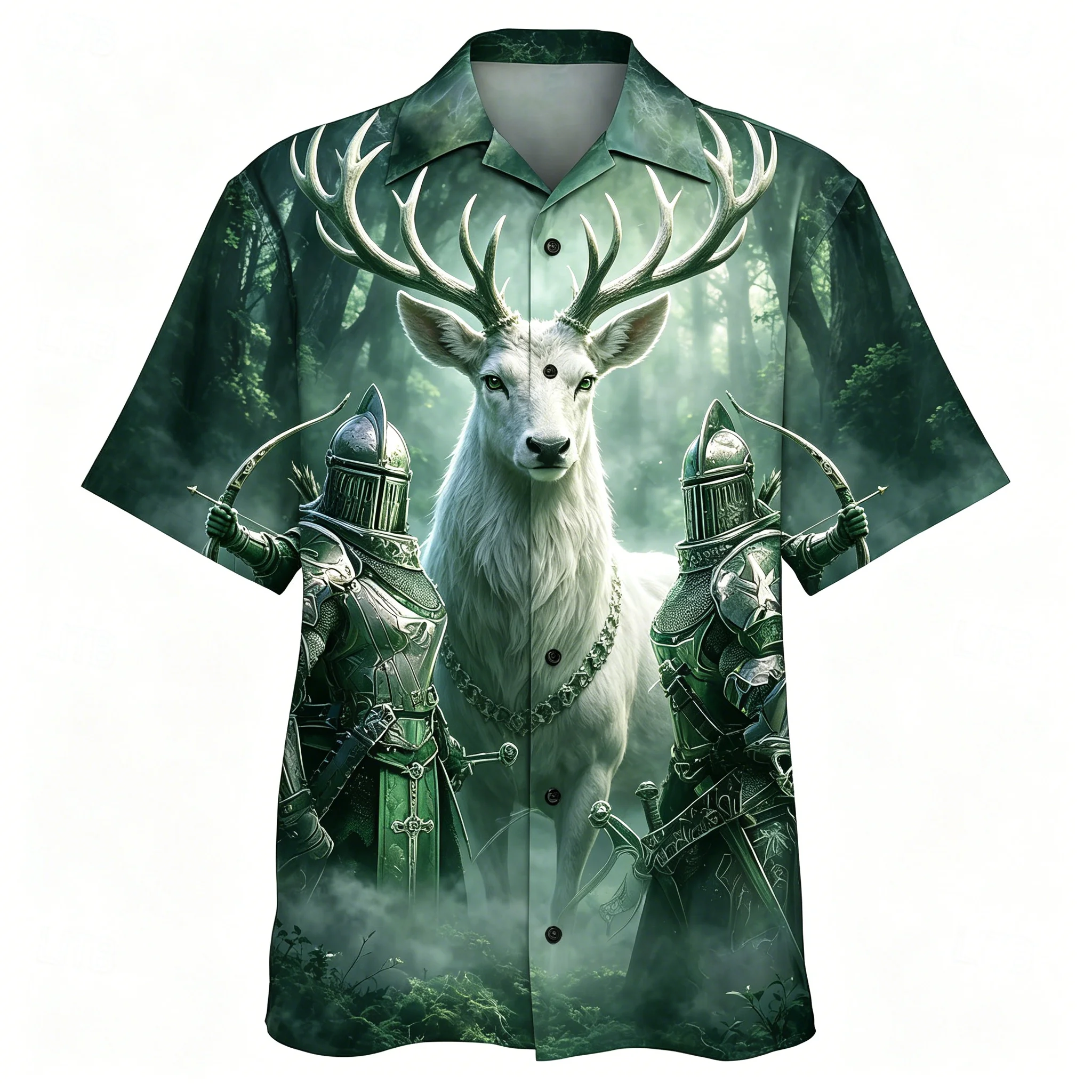 

Men's Forest Stag Knight Print Short Sleeve Shirt Mythical Deer Archer Graphic Casual Cuban Collar Top for Spring & Summer