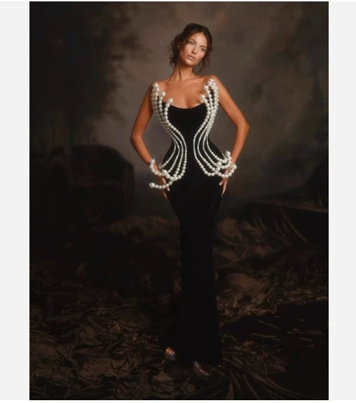 

New Fashion Luxury Pearl Design Strapless Package Hips Bandage Long Dress Elegant Woman Party Celebrity Dress Manufacturer