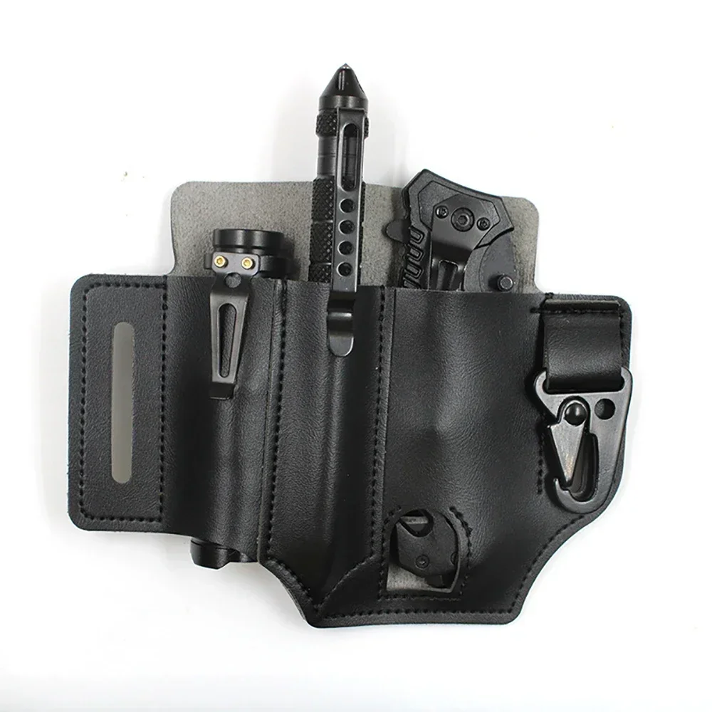 Outdoor Leather EDC Tool Knife Sheath Pockets Multitools Holder Essentials Organizer Belt Pouch Pocket Hunt Tactical Flashlight