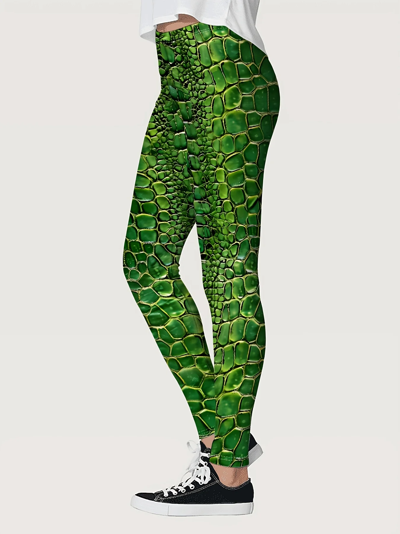 Women Mid‑Waist Fleece Lined Leggings, Green Crocodile Skin Texture Print, Slim Warm Street Party Casual Daily Pants
