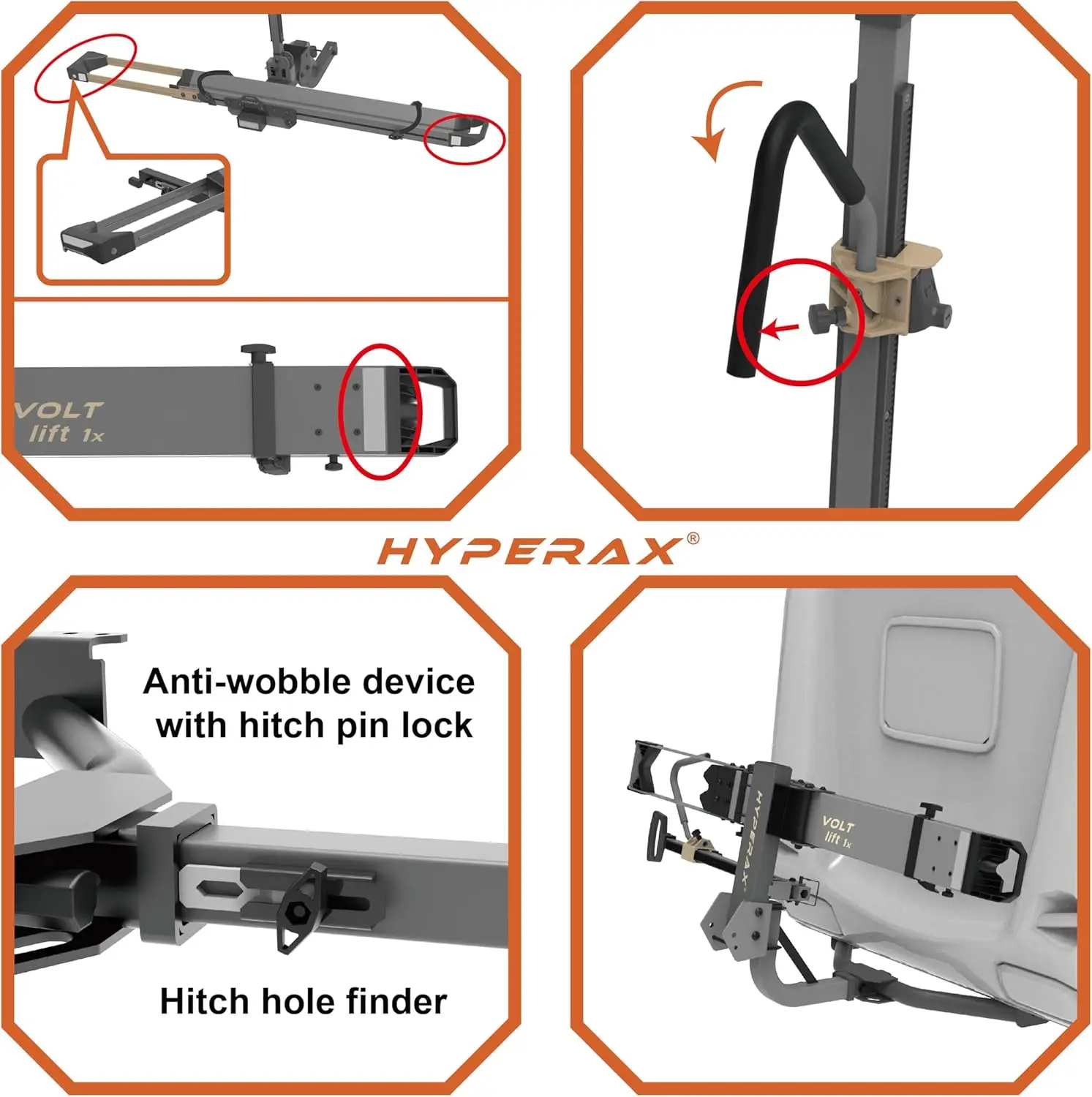 Gepatenteerde liftondersteunde voltlift 1x - RV-geclassificeerde trekhaak gemonteerde 2 E-fietsenrackdrager tot 1X 80 lbs met tot 5 