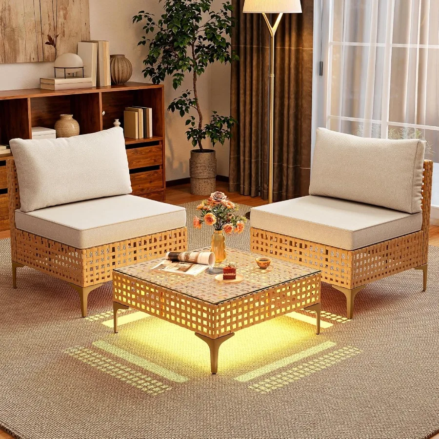 طقم أثاث فناء من الخيزران مكون من 3 قطع أريكة مقطعية خارجية مع طاولة إضاءة بالطاقة الشمسية وأريكة خارجية مع وسادة مقاومة للماء