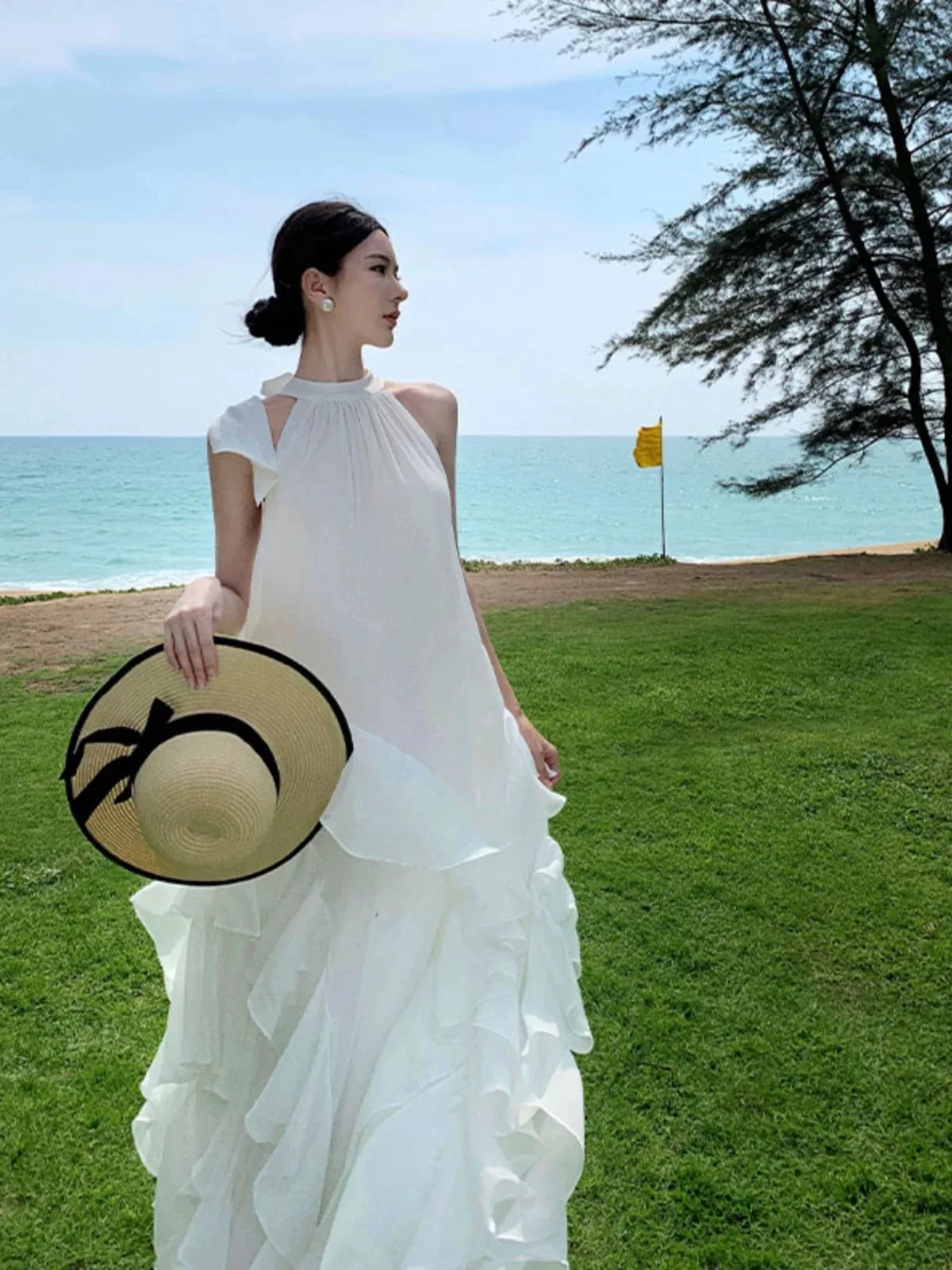 Mulheres praia férias vestido longo fita bolo tropical camadas vestido senhora viagem lua de mel tailândia maldive bali doce vestido de fadas