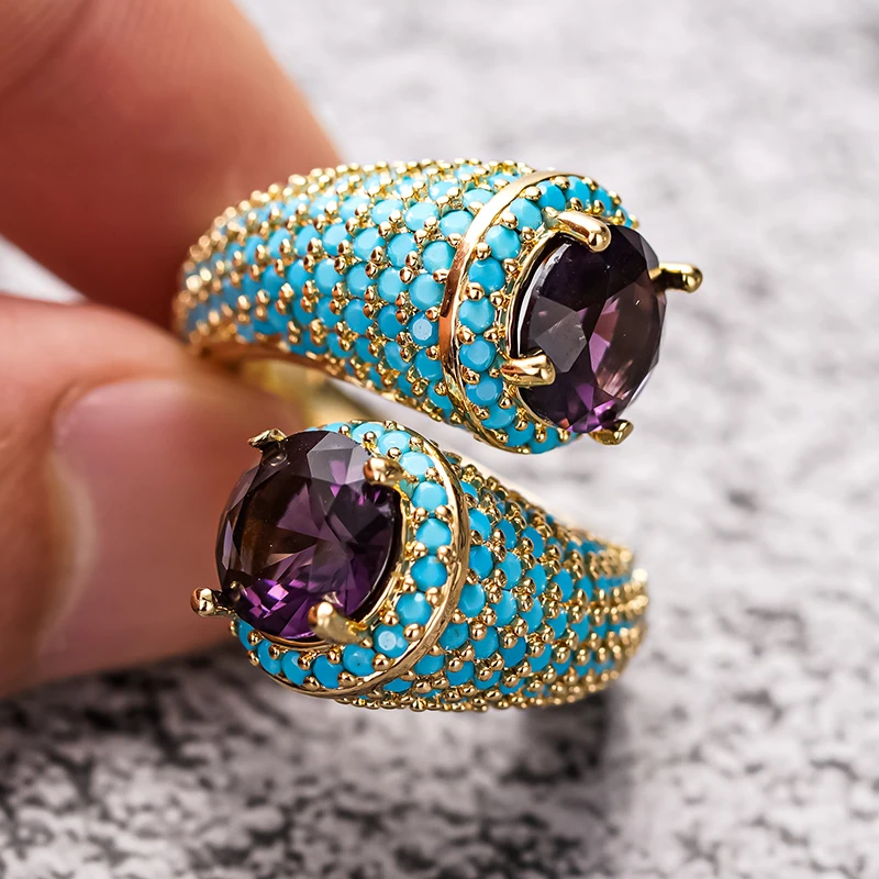Huitan Bohemia Blaue Türkisringe für Frauen Luxuriöse Charmante Lila Kubische Zirkonia Goldfarbene Ringe Täglicher Party-Schmuck Geschenk – Detail 7