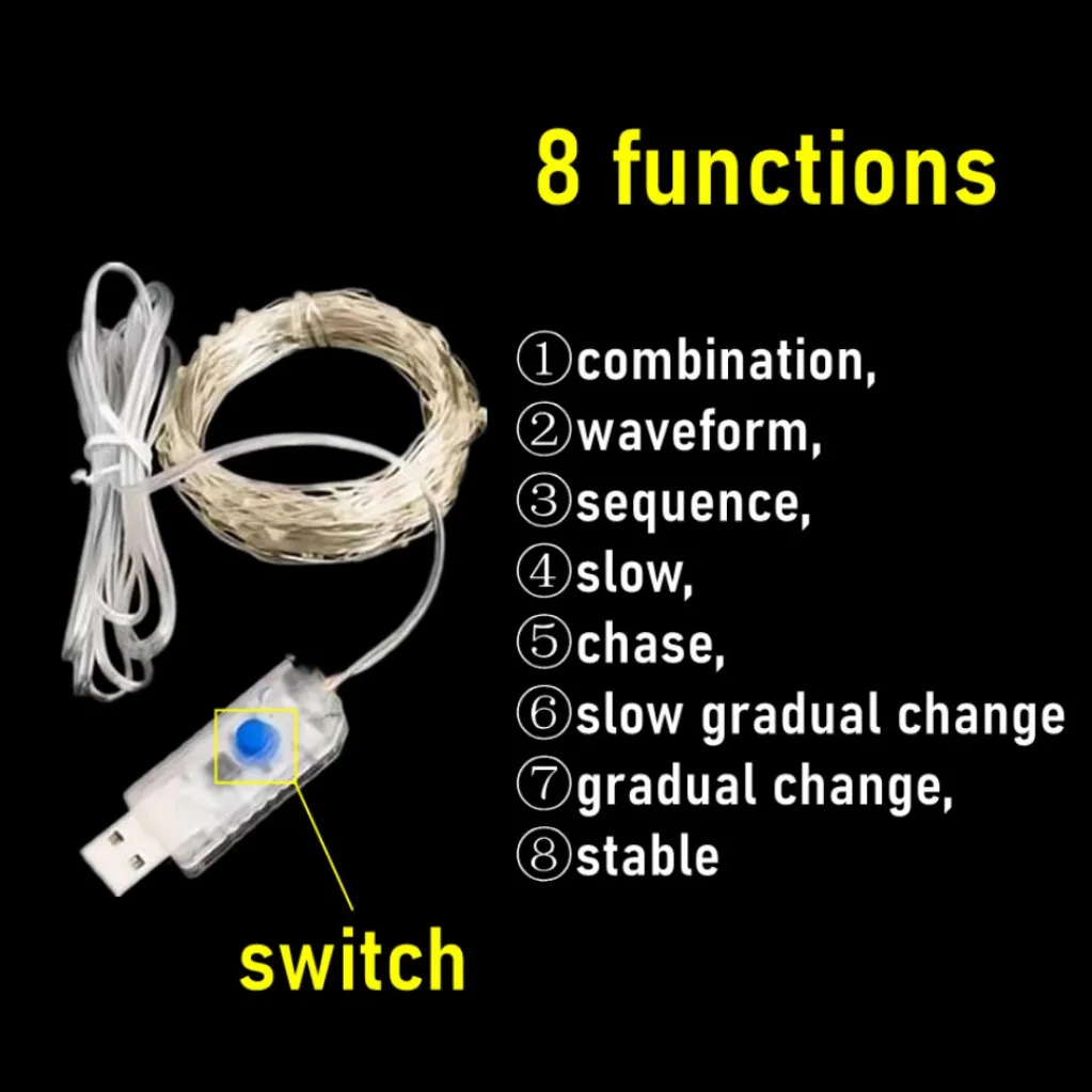 8 Functions USB LED String Lights Led Silver Wire Fairy Light Outdoor Garland Lamp For Christmas Tree Wedding Party Decoration