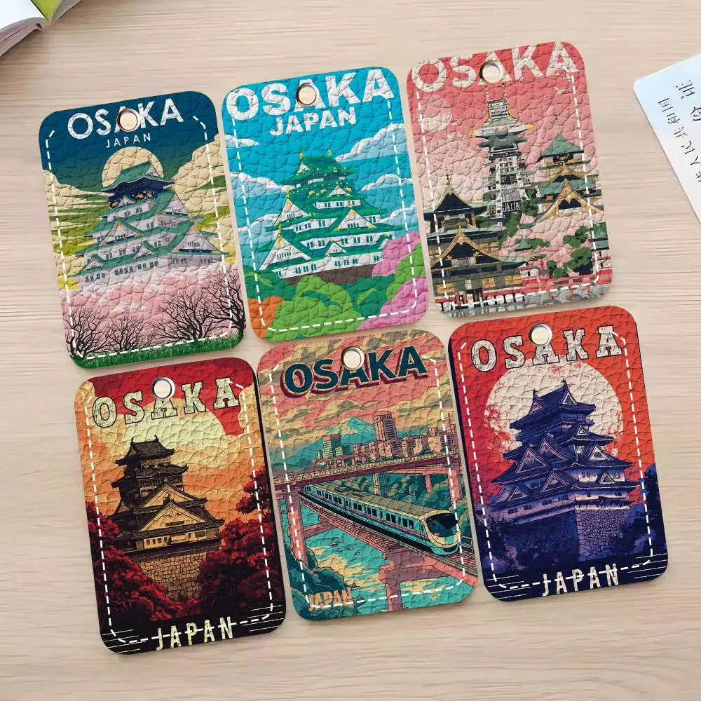 Osaka Scenic Landmark Card Case Keychain Access Card Bag Key Tag Ring Leather Card Holder Key Ring Access