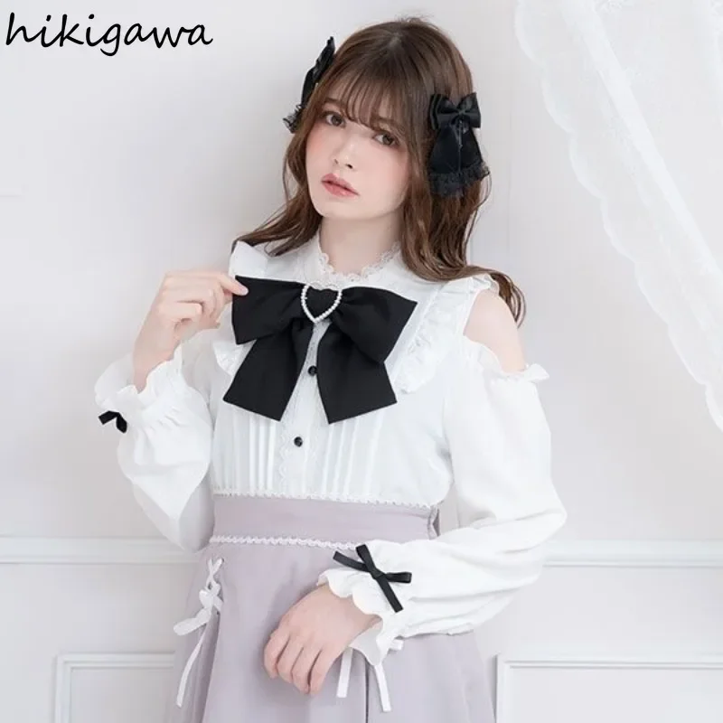 Blusa De manga larga con hombros descubiertos para Mujer, camisa japonesa con lazo y volantes, Y2k, 2023