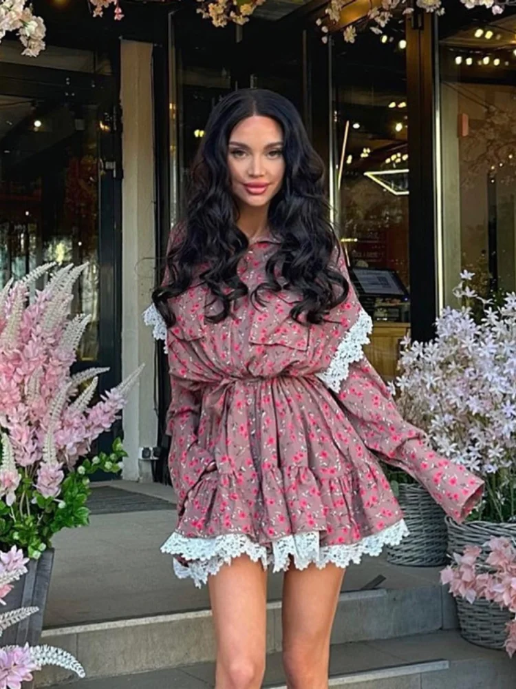 Spring New Floral Dress Women Fashion Lace Patchwork Long Sleeve Short Mini A-line Dresses With Belt Y2k Clothes Lady Dress