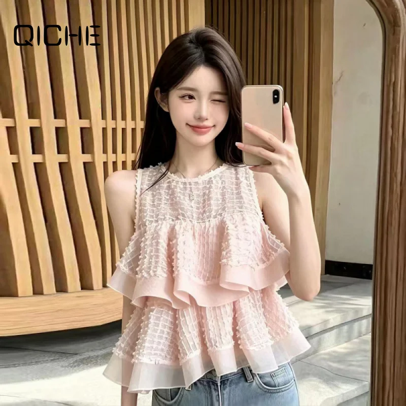 QICHE 2026 Summer Women French Sweet Sleeveless Blouse Double Ruffle Loose Slim Fit Japanese Korean Style Tank Top