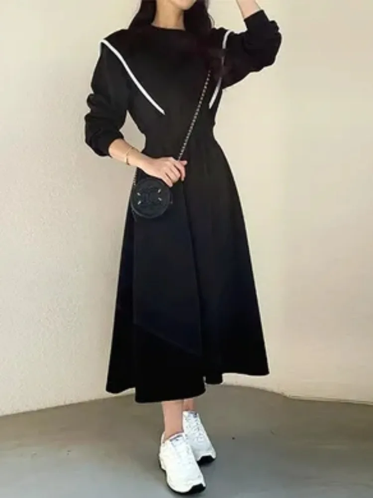 

Chic Long Sve Fce Lined Dstring Waist Slim Fit Sweatirt Dr round Ne Color Blo Bell Sve Autumn Dr